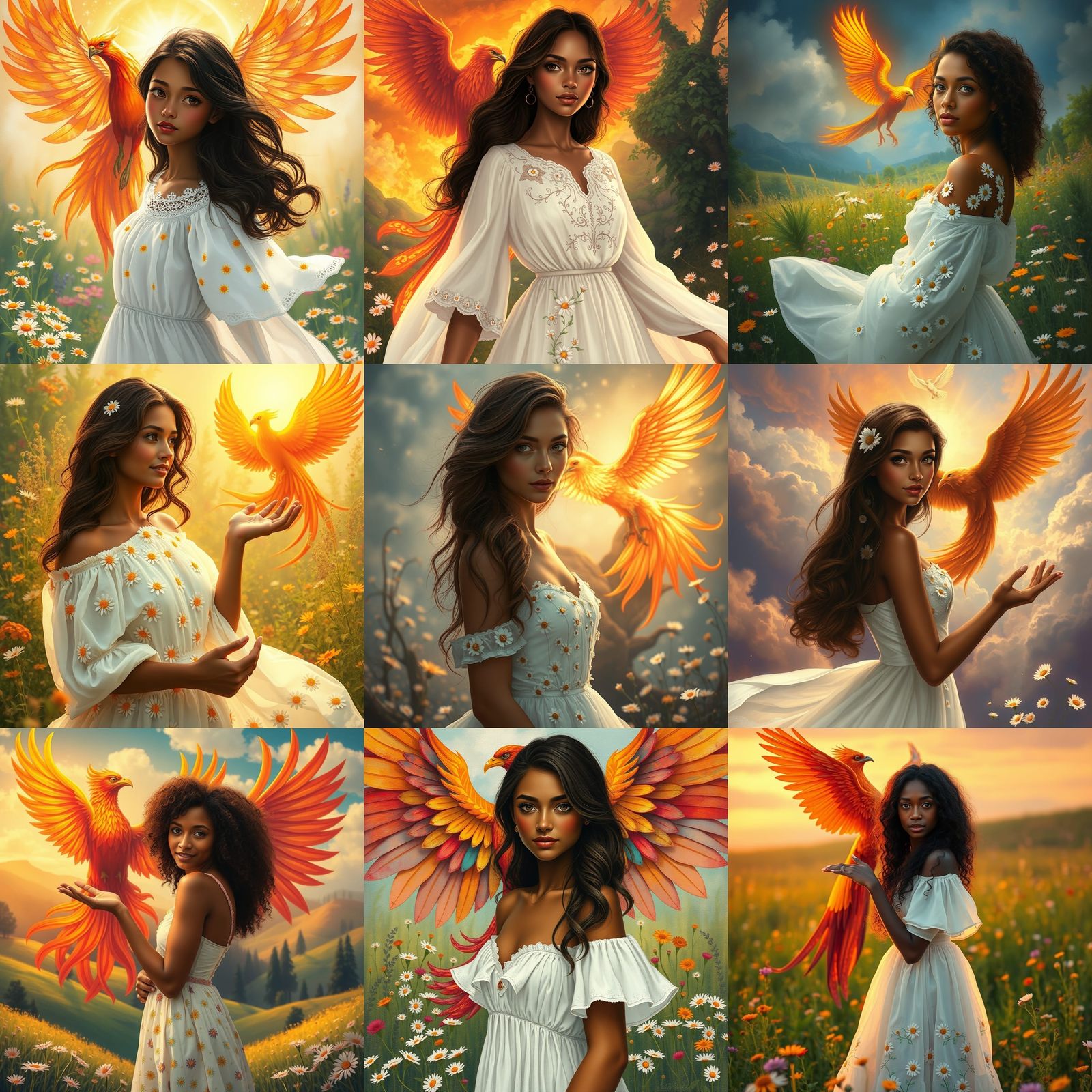 Woman with Phoenix in a Fantastic Landscape