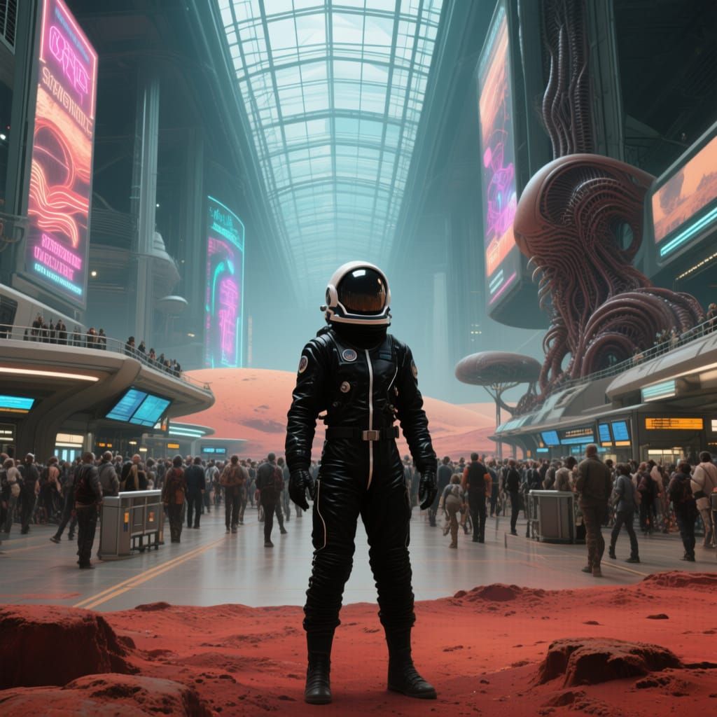 Busy Martian Space Port Terminal in Futuristic Style