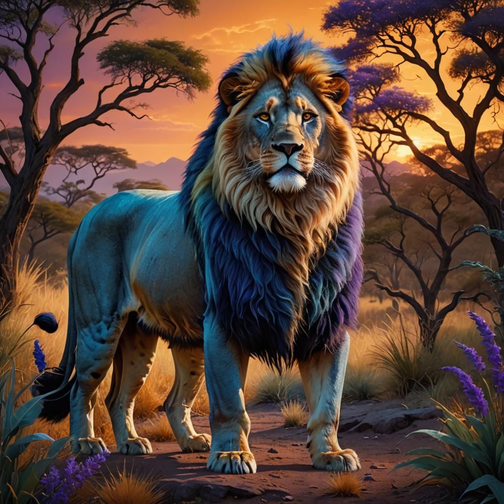 Blue Lion in Majestic Sunset Savannah