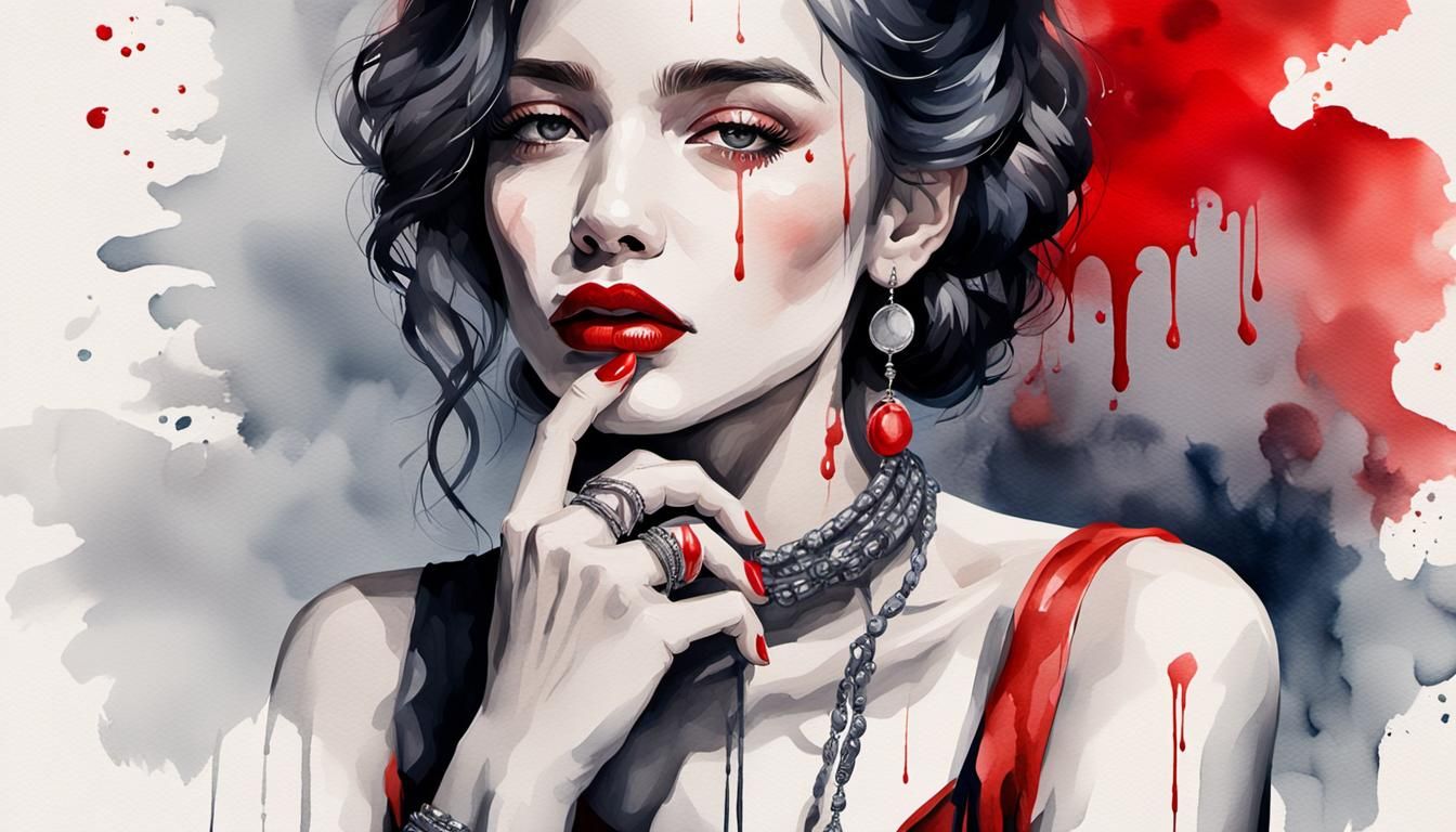 Monochromatic Woman Portrait with Red Lips in Watercolor