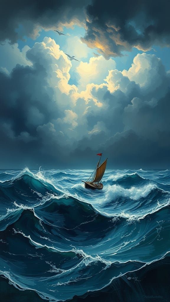 Stormy Night at Sea with Sail Boat