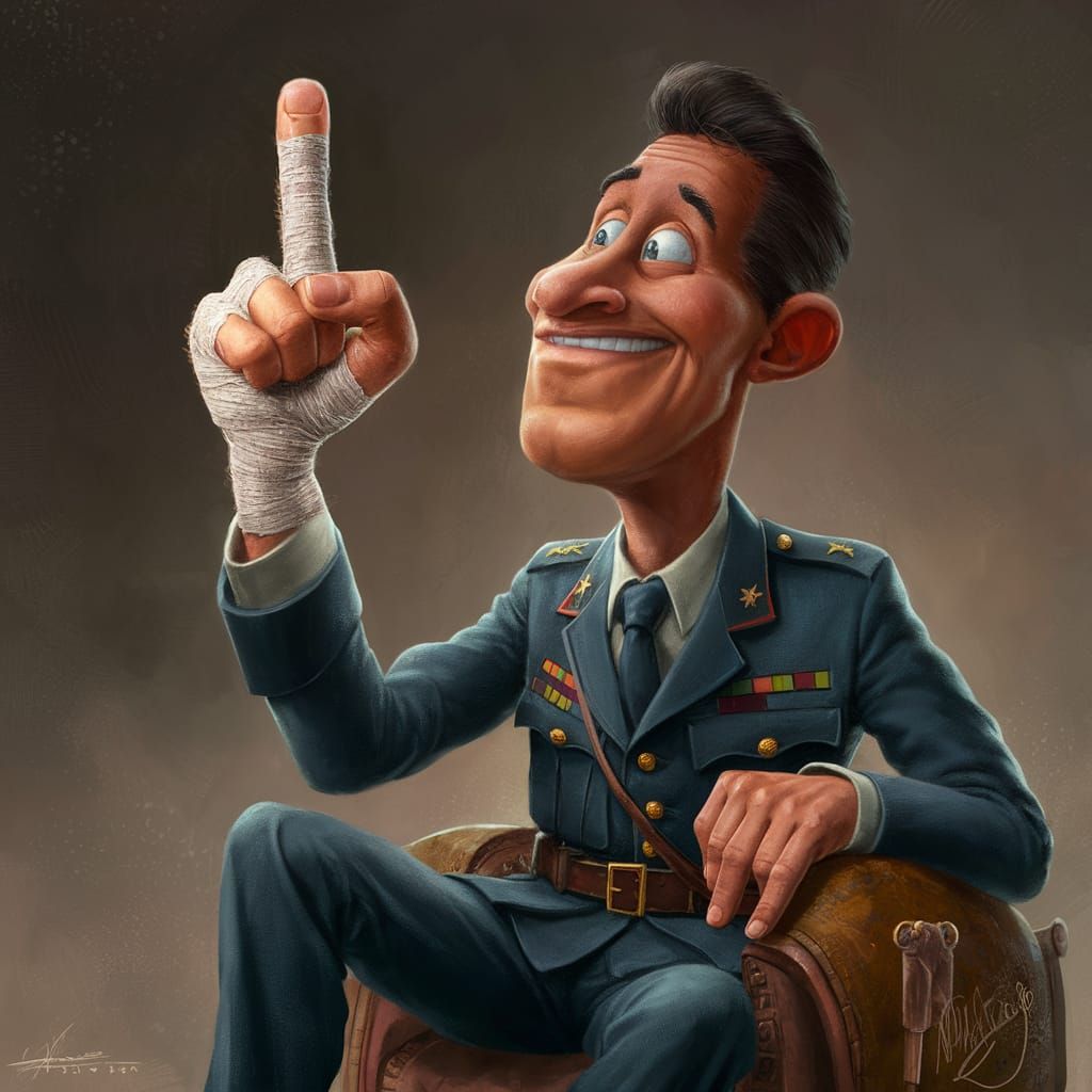 a delightful cartoon masterpiece showcasing a towering, lanky brown man in his thirties dressed in a military uniform. I...