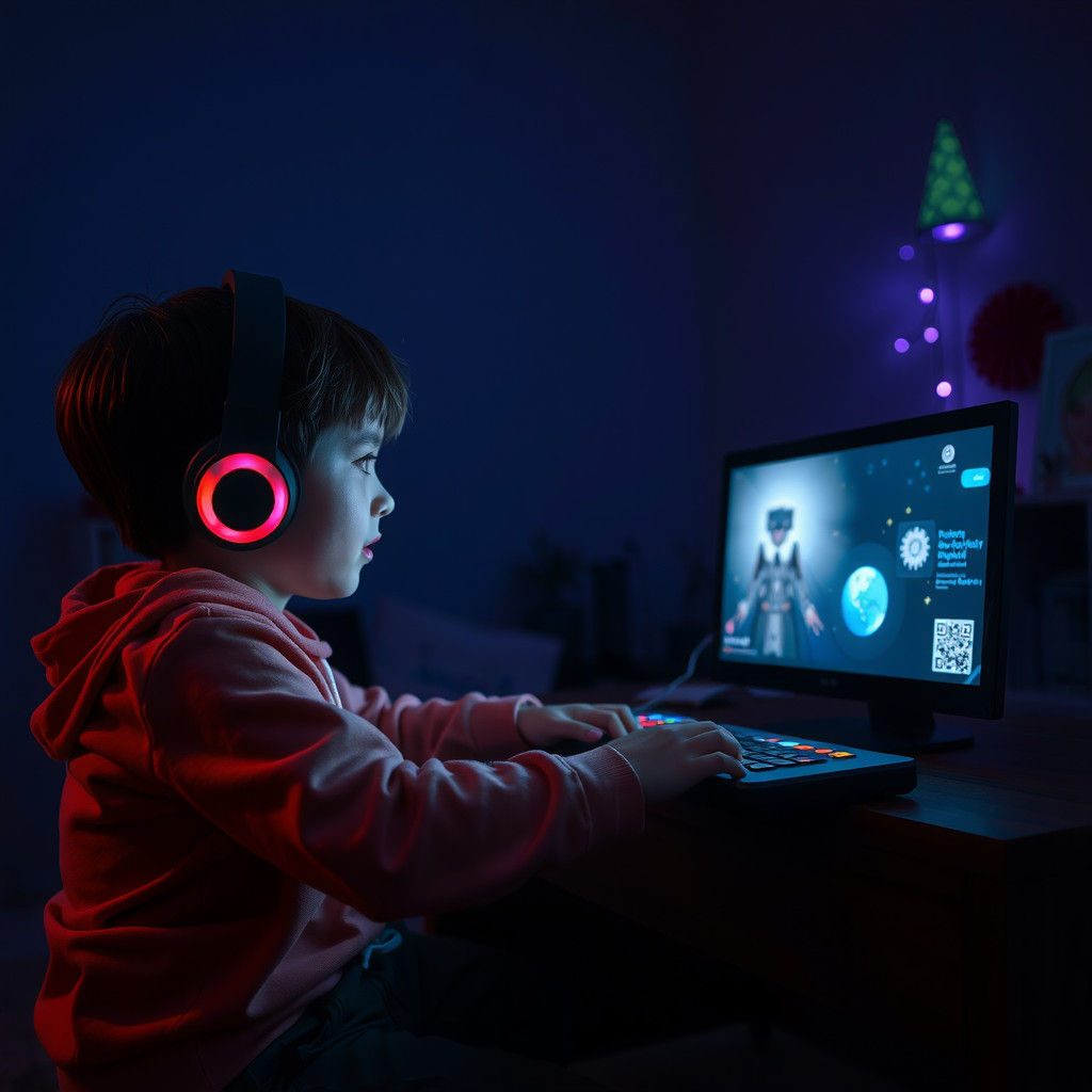 Child Plays Holographic Game in Dark Room