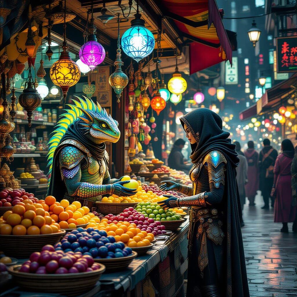 Alien Market with Glowing Fruits, Dark Fantasy Style