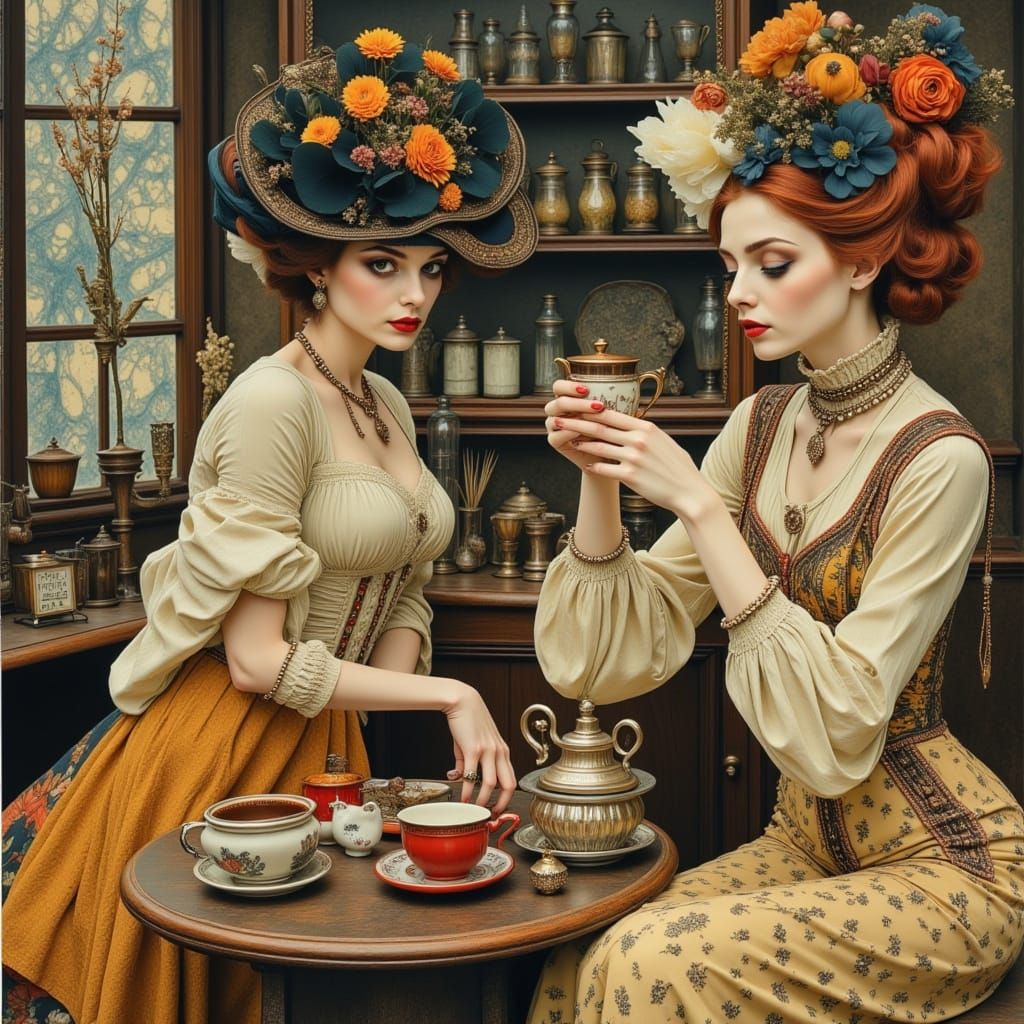 Elegant Women Brewing Coffee: An Art Nouveau Morning