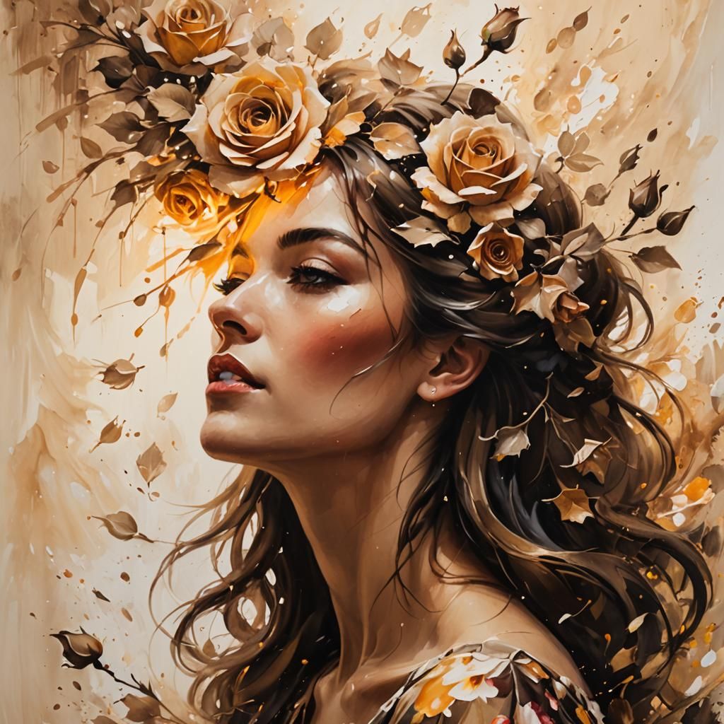 Girl in Roses: Expressive Impasto Oil Painting