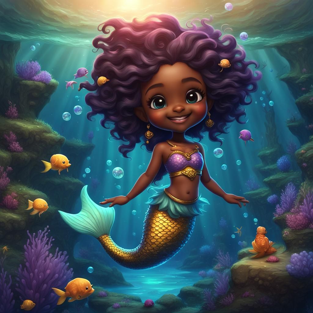 Joyful African American Chibi Mermaid in Detailed Digital Ar...