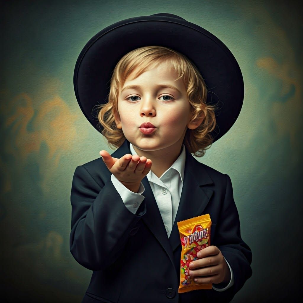 An ultra-Orthodox Hasidic child in a studio photo. The blond...
