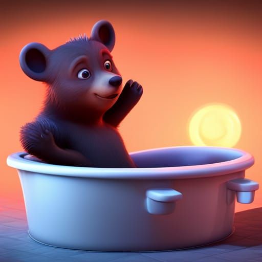 Bear Cub Plays in Tub: 3D Digital Art