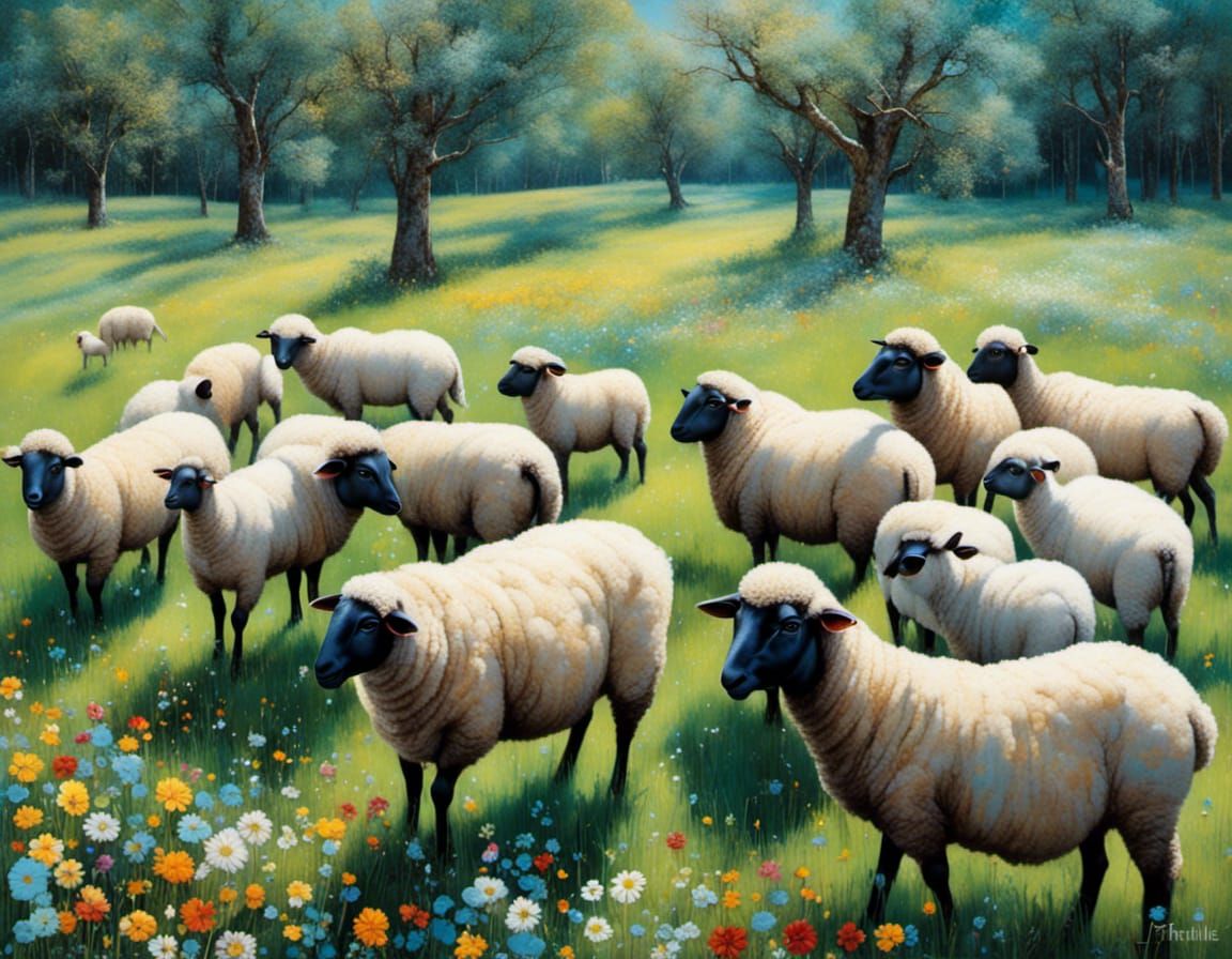 Sheep Graze in Dreamy, Colorful Vintage Pasture