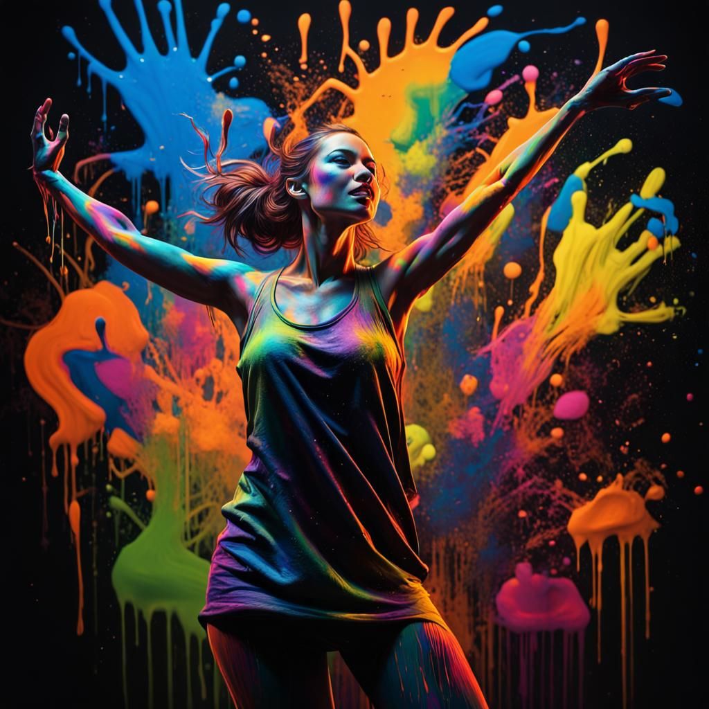 Joyful Woman Dancing in Multicolor Graffiti Art