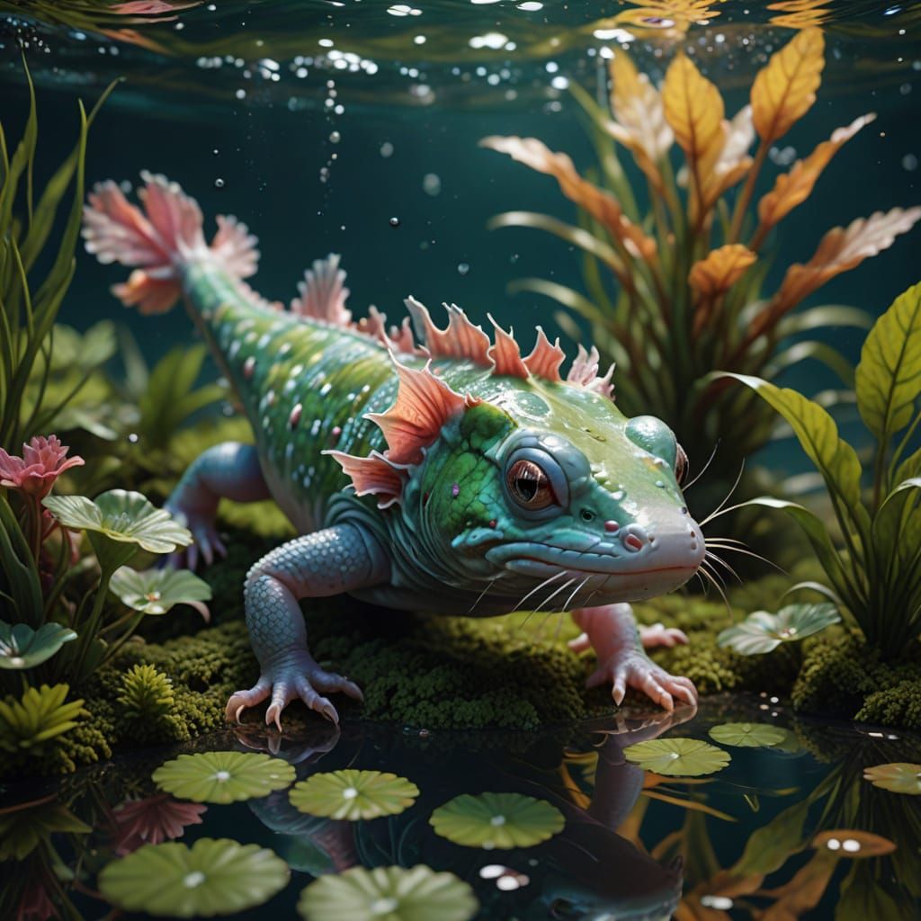Hyperrealistic Axolotl Swimming in Serene Underwater Environ...
