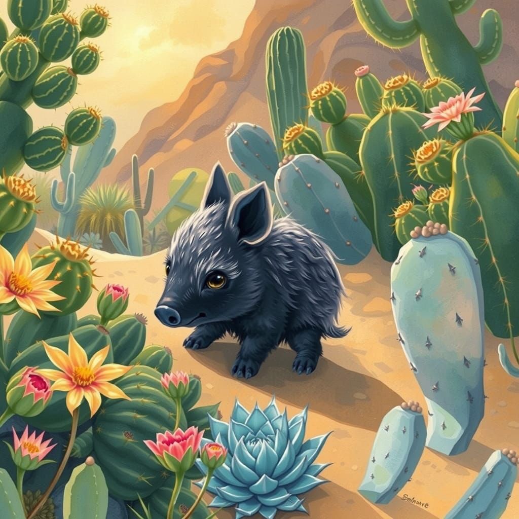 Watercolor Whimsy: Adorable Baby Javelina in Desert Oasis