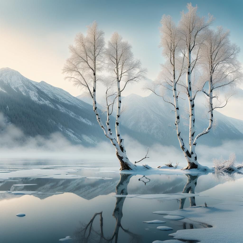 Surreal Winter Birch Trees in Frozen Lake