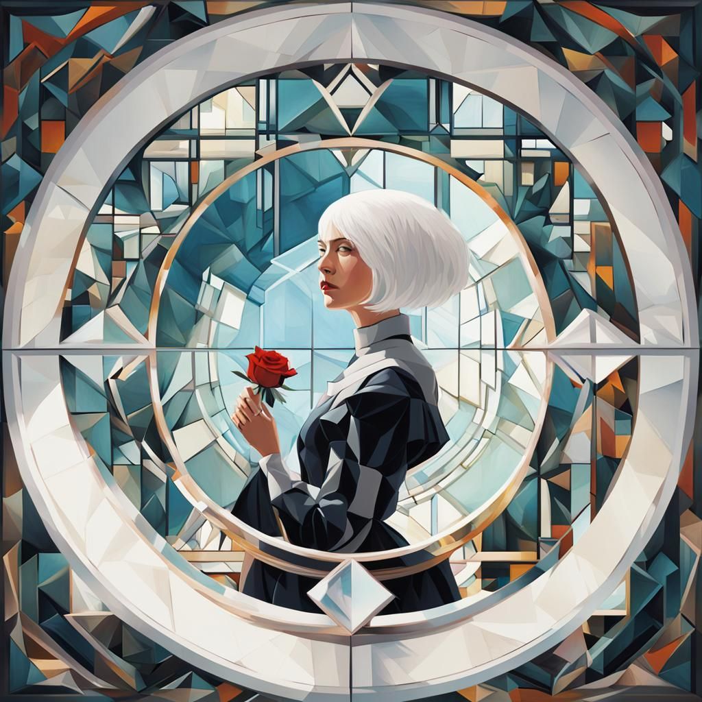White-Haired Woman with Rose in Cubist Art Deco Style