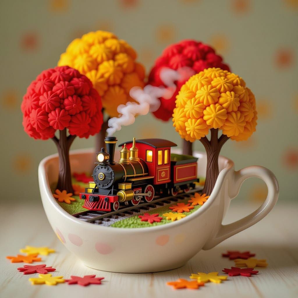 Tiny Steam Train in Autumn Grove Inside Ceramic Mug