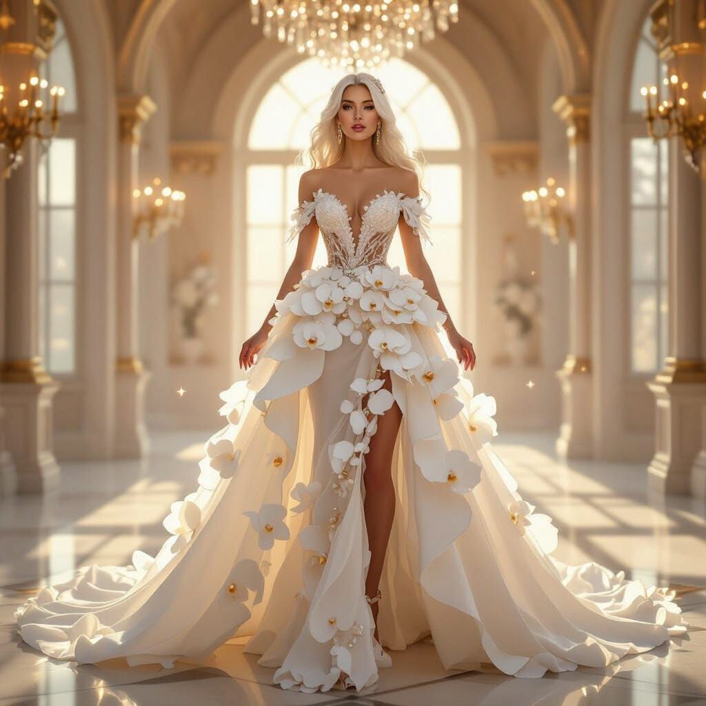 Woman in Fantasy Couture Gown of Silk and Orchids