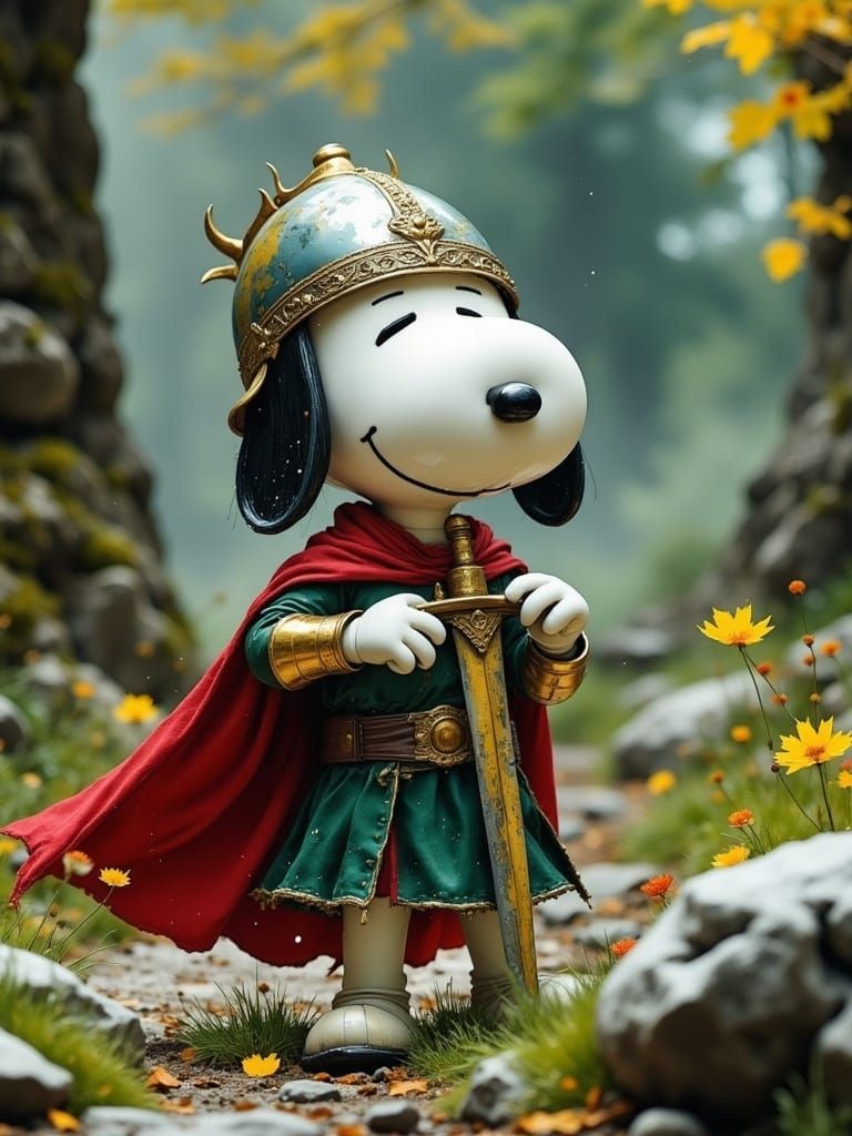 Snoopy as King Arthur pulling sword from stone,.