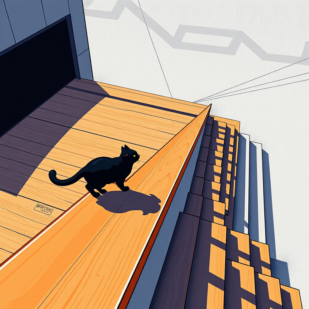 Black Cat on Stair Rail in Risograph Style