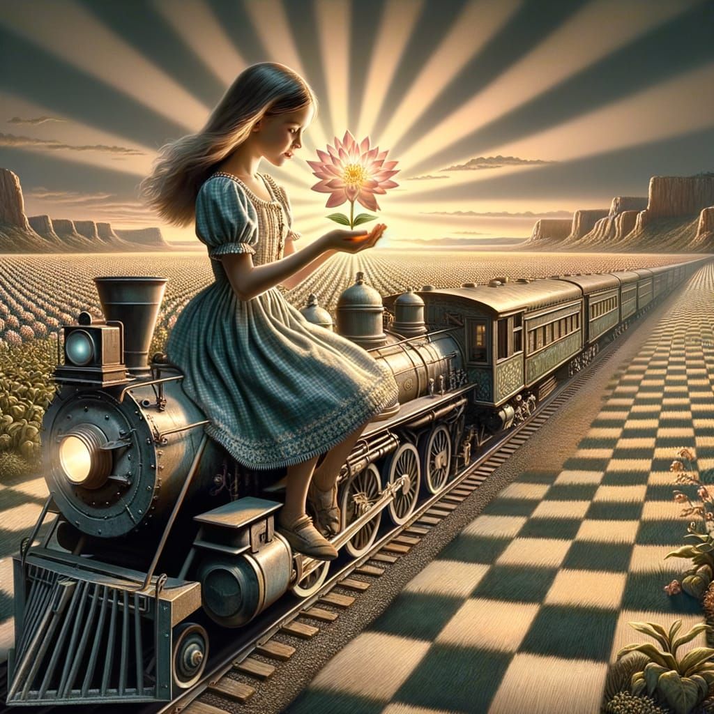 Otherworldly Girl on Futuristic Train with Blossom