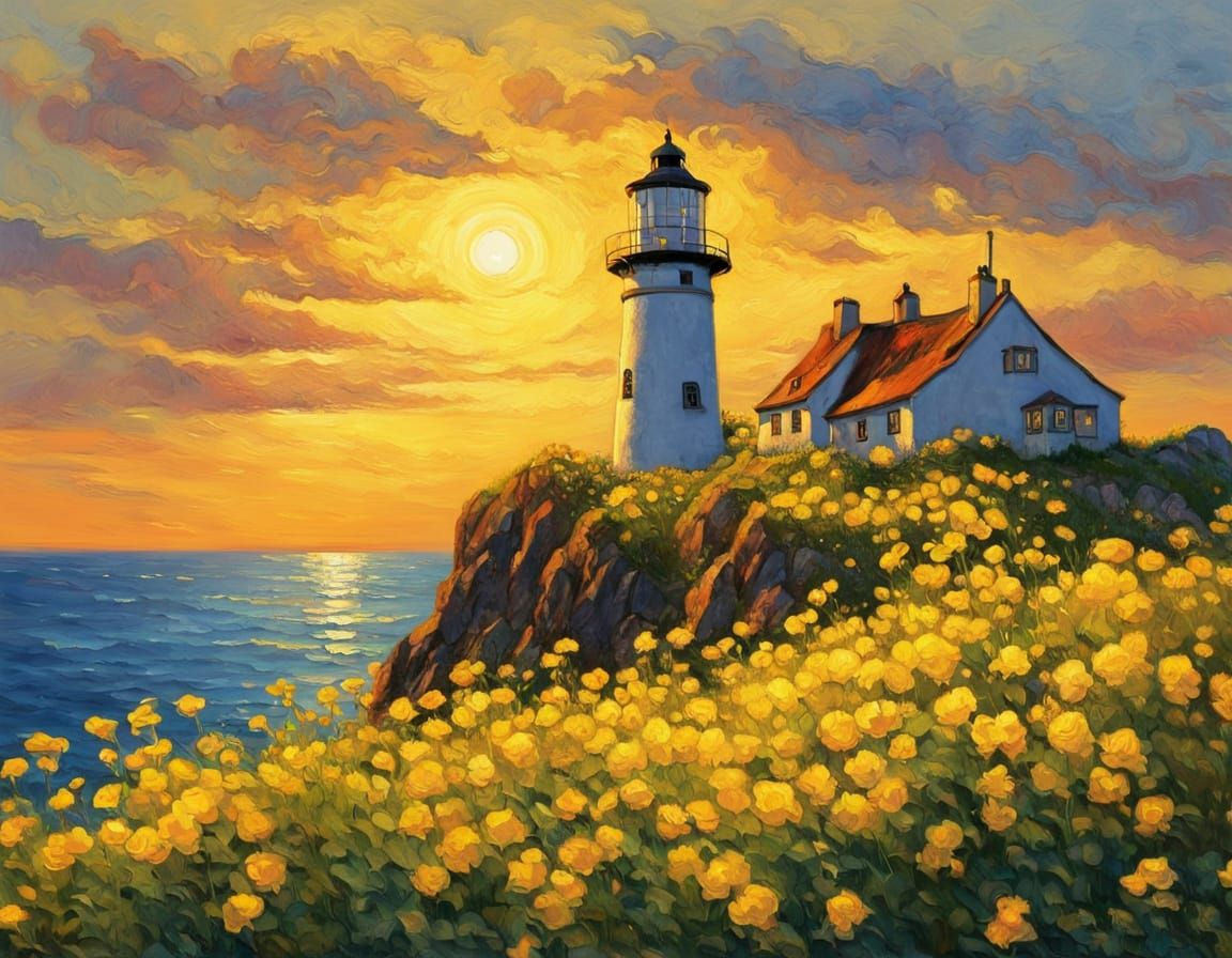 Lighthouse on Cliff Amidst Yellow Flowers at Sunset