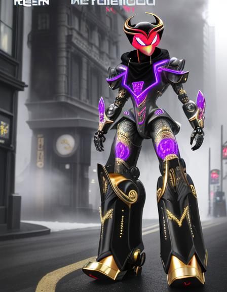 Sleek Robotic Blackarachnia in Foggy Cyberpunk City