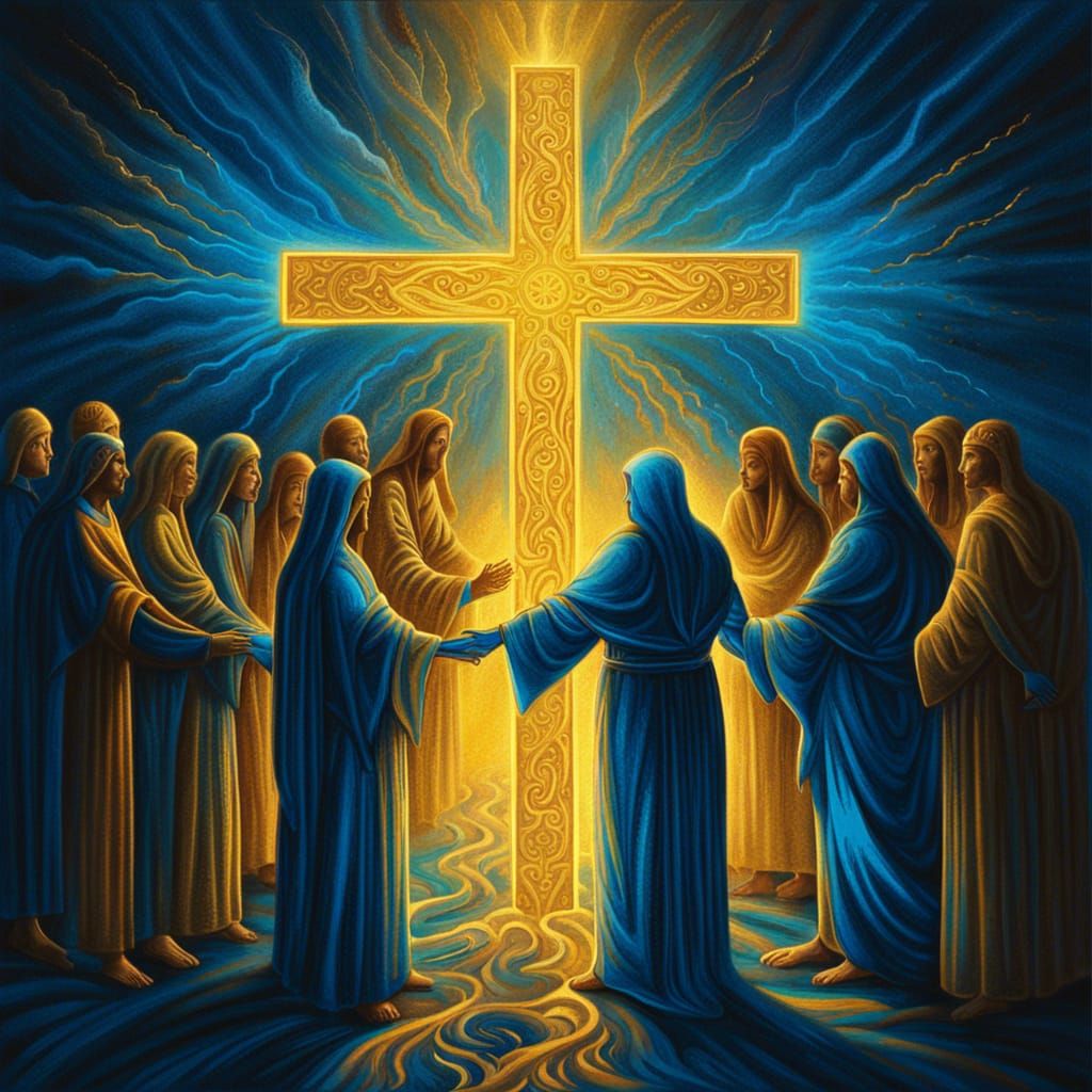 Glowing Cross with People Holding Hands