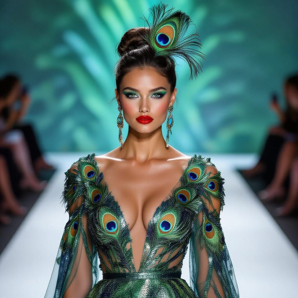 Supermodel in Peacock Feather Gown on Catwalk