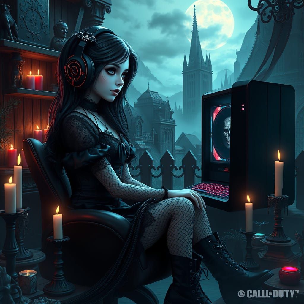 Dark Gothic Gamer Girl in Victorian Outfit, Gaming PC, and M...