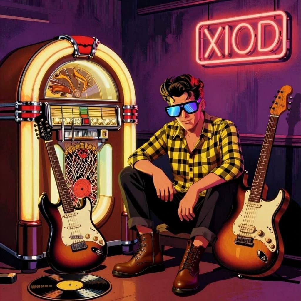 1950s Rock 'n' Roll Scene with Neon Lights and Jukebox