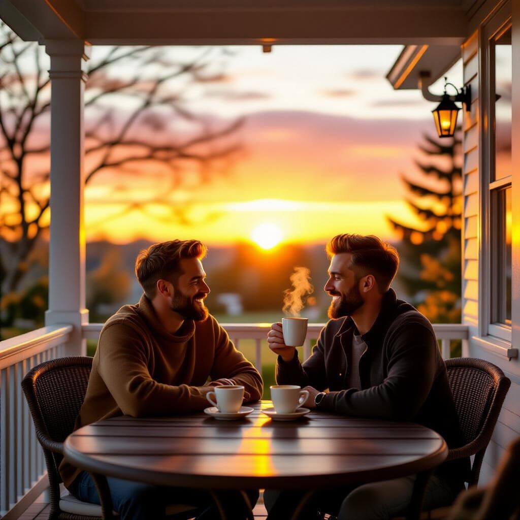 Gay Couple Enjoys Sunrise Coffee at Cozy Cottage