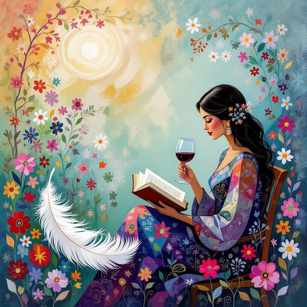 Woman in Garden with Feather, Abstract Art Style