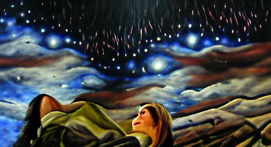 Woman Gazing at Stars: Oil Painting on Canvas