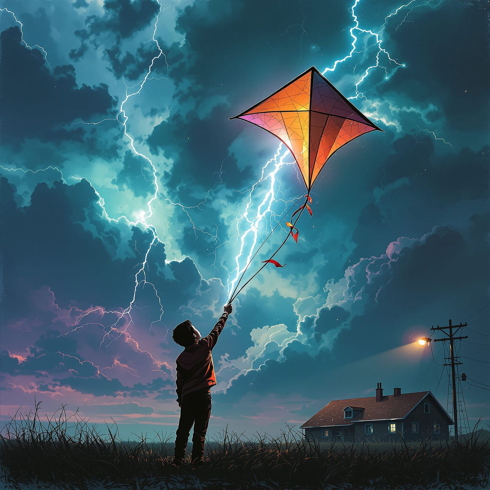 Boy Flying Kite During Lightning Storm