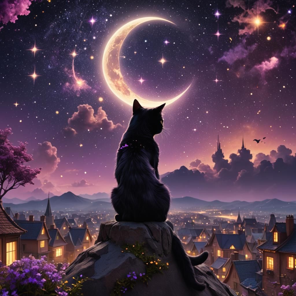 Cat and Owner on Moon in Ethereal Sky