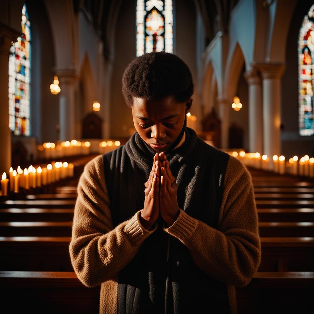 Person Praying in Church with Cinematic Lighting