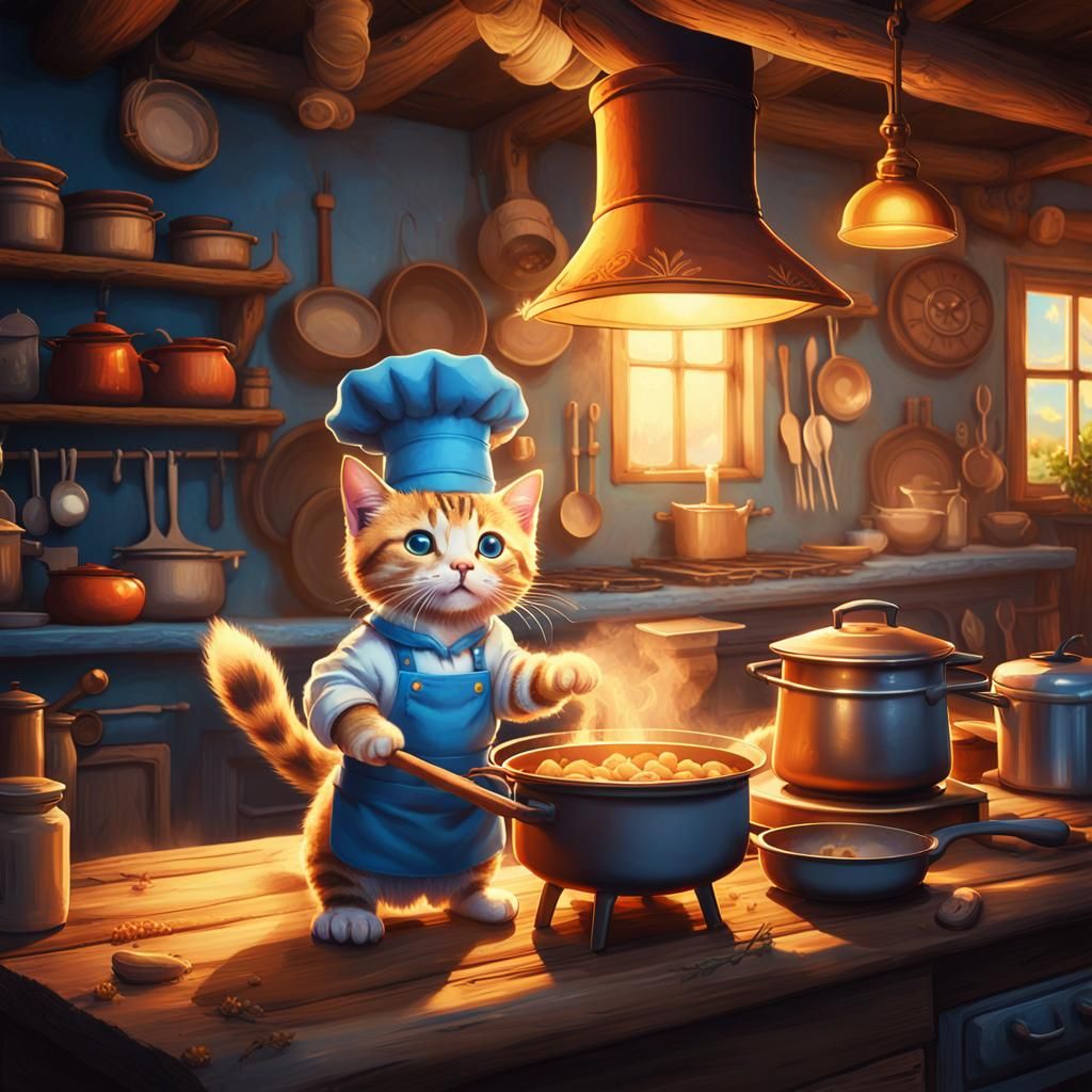 Cute Kitten Chef Cooking in Whimsical Kitchen