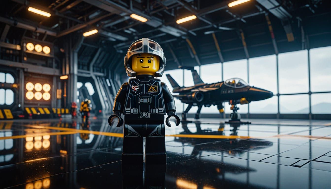 Lego Blacktron Pilot on Space Runway in Golden Light
