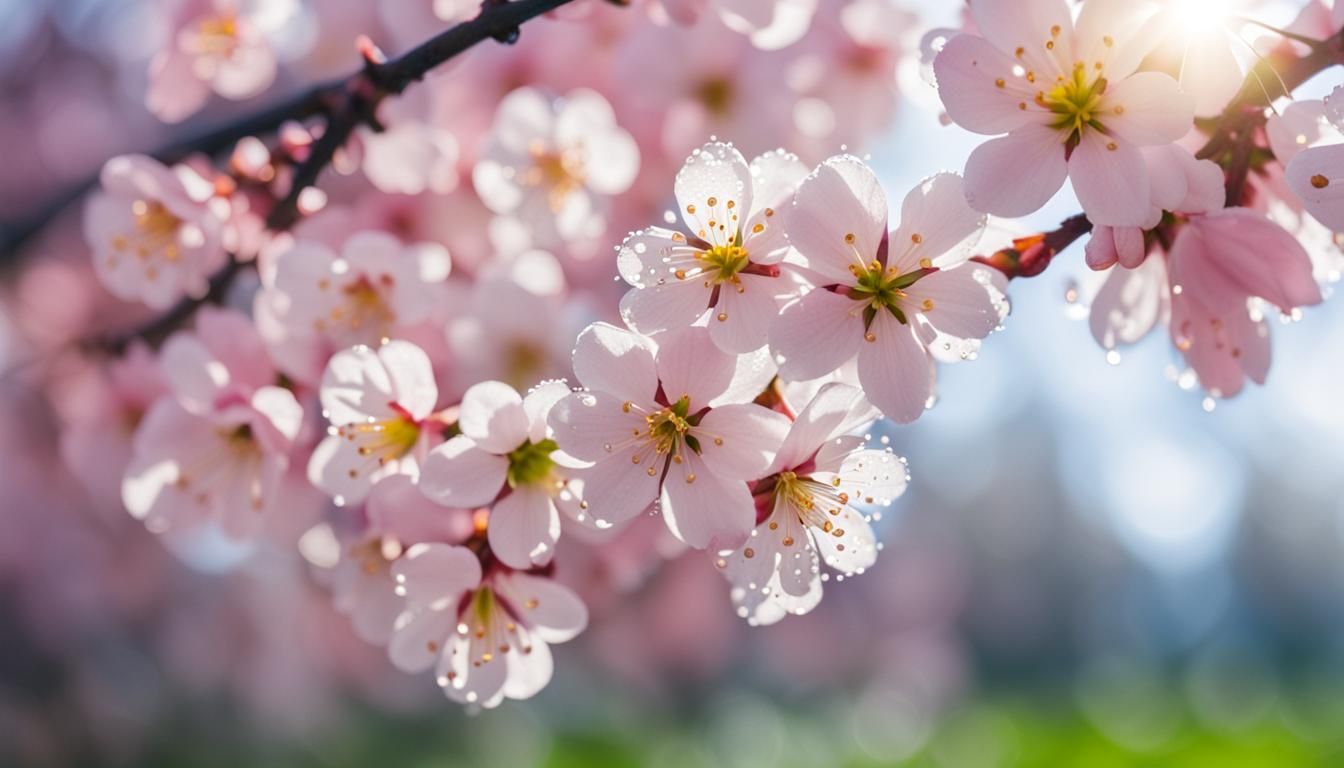 Cherry Blossoms with Dew in Spring Sunlight
