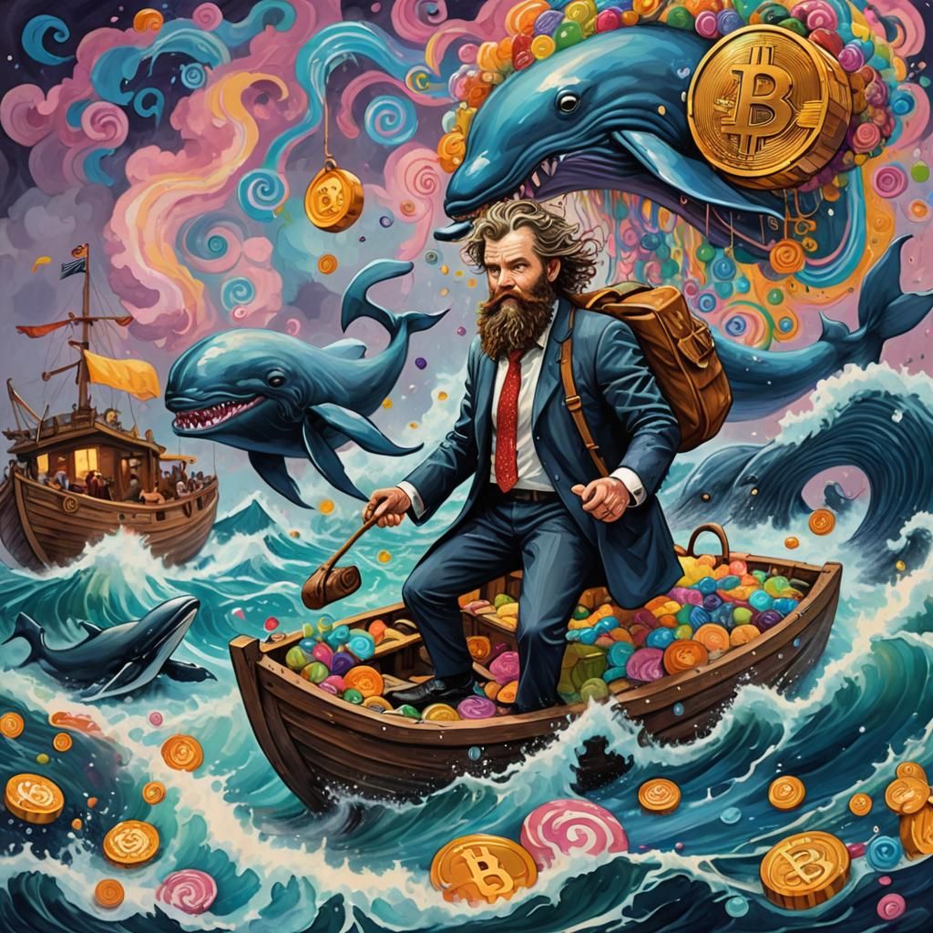 Castaway Businessman and Bitcoin in Gouache Sea Storm