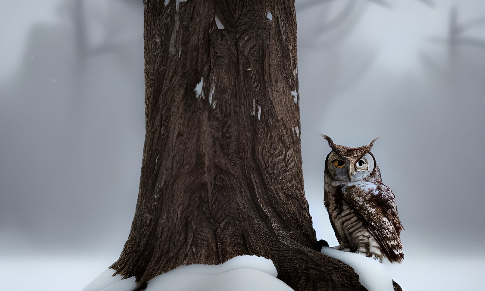 Screech Owl Portrait on Snowy Tree Stump
