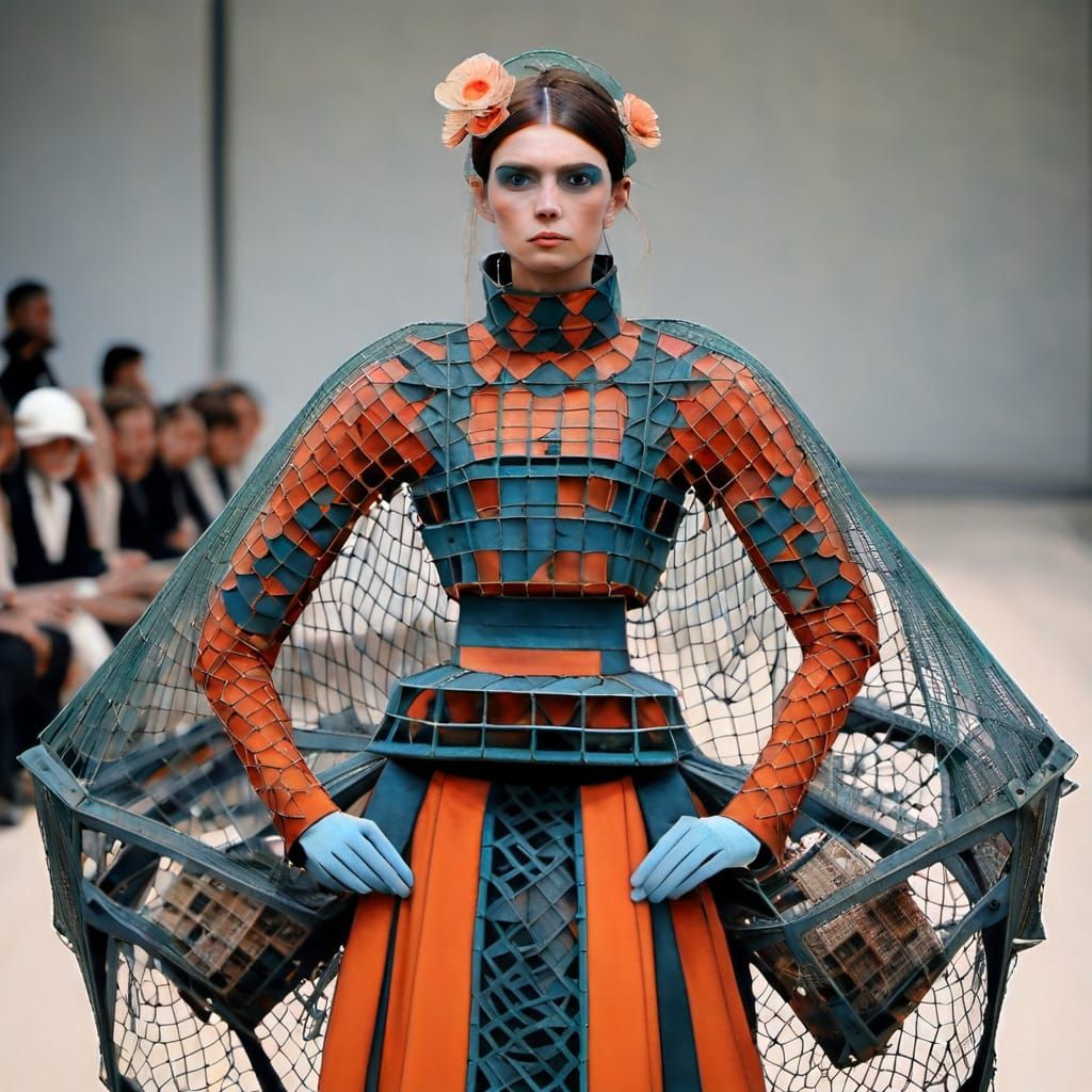 Model Struts Down Paris Runway in Art Nouveau Crab Trap Cout...