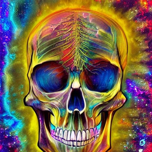 Holographic Astral Skeleton Illustration in Mixed Media