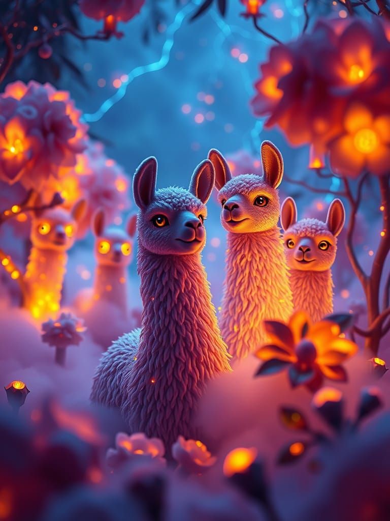 Llama Topiaries in Bioluminescent Neon Garden