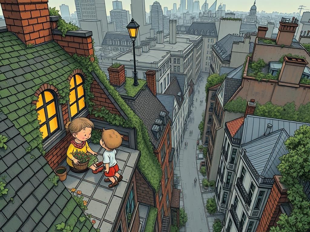 Siblings in Rooftop Garden, Intricate Illustration