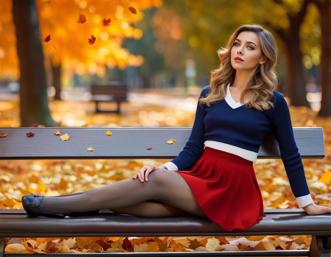 Woman on Park Bench in Autumn, Hyperrealistic Splash Art