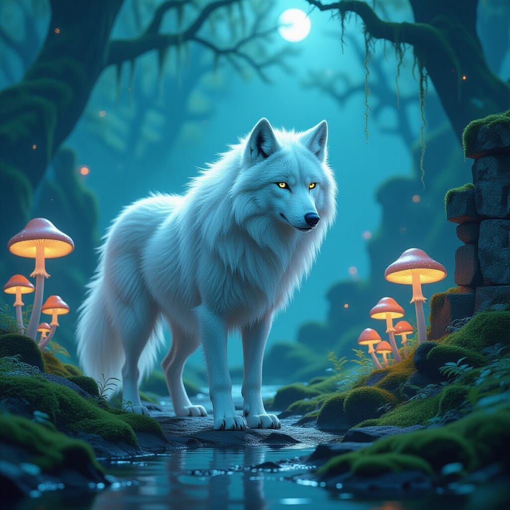 Luminous White Wolf in Moonlit Forest