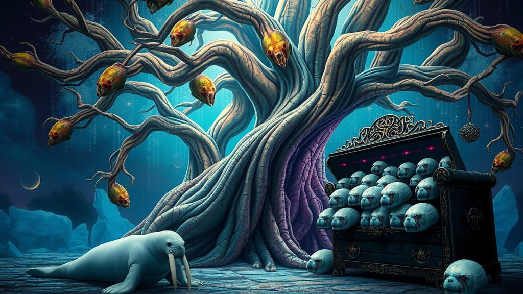 Ethereal Walrus Basks Under Cthulhu Tree of Wonder