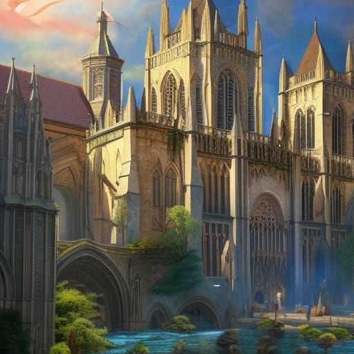 Medieval City Cathedral in Detailed Oil Painting