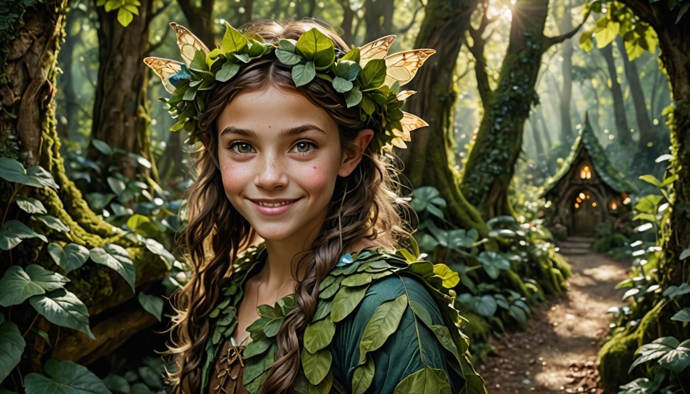 Smiling Fairy Girl Portrait in Forest Village